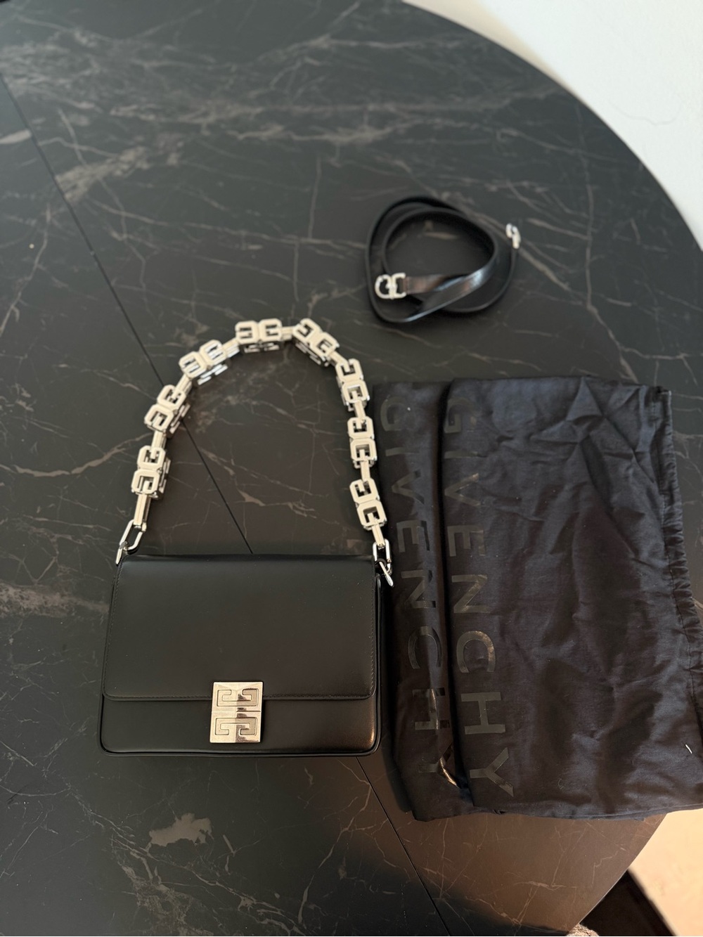 Givenchy Black Leather Shoulder Bag with Silver Geometric Chain